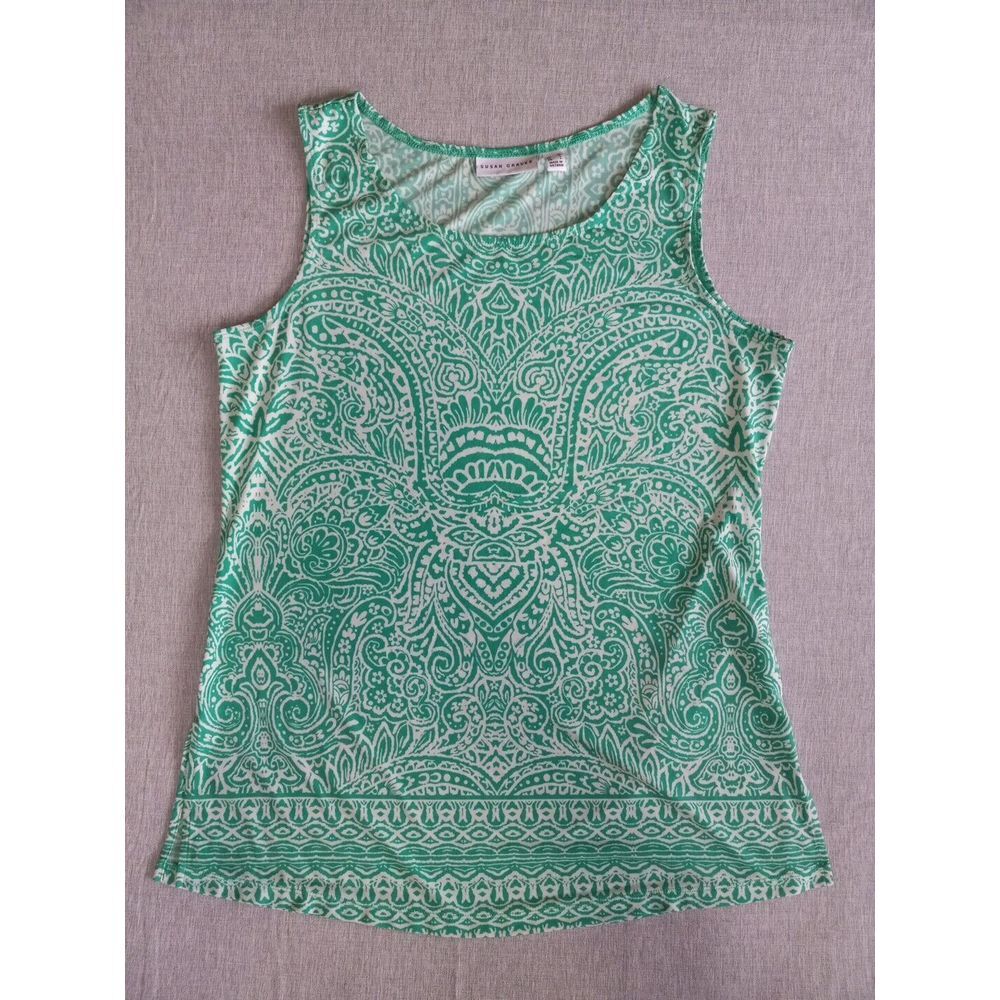 Susan Graver Women's Medium All Over Paisley Sleeveless Stretch Green Top Blouse
